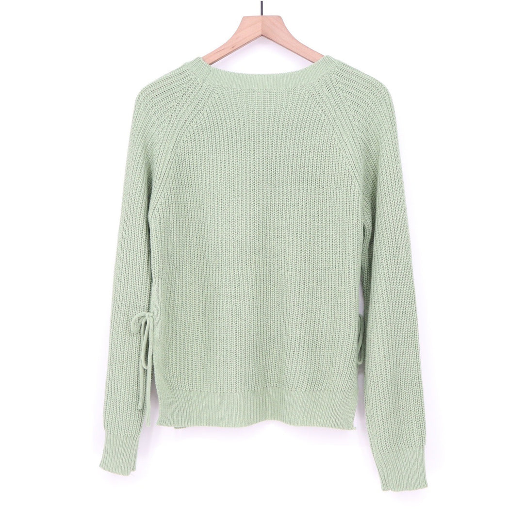 SHEIN Mint Green Shaker Knit Side Tie Lace Up Sweater Large Crew Neck Pullover