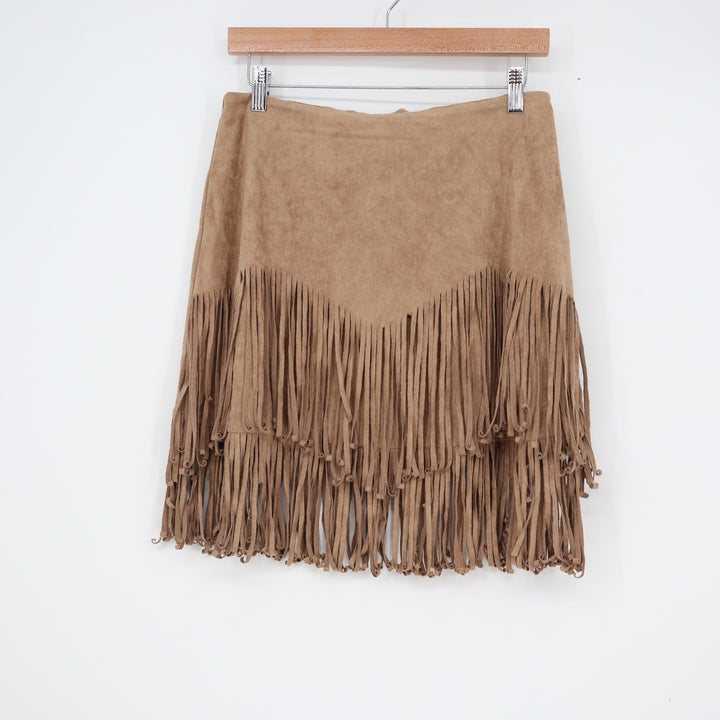 Easel Camel Faux Suede Fringe Mini Skirt Brown Western Boho Large