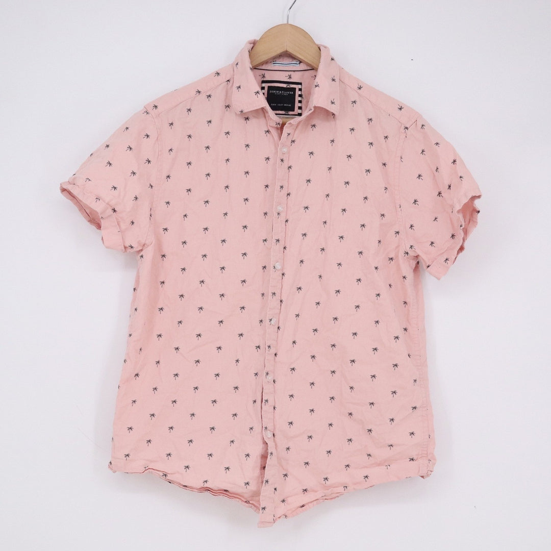 Denim & Flower Ricky Singh Mens Pink Palm Tree Print Short Sleeve Shirt Size M