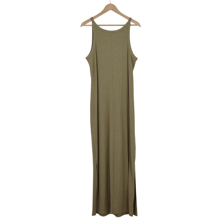 A New Day Olive Green Ribbed Knit Sleeveless Side Slit Maxi Dress Large