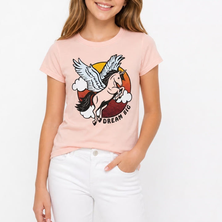 Old Navy T-shirt Girls M (8) Dream Big Unicorn Pegasus Peach Graphic Excellent