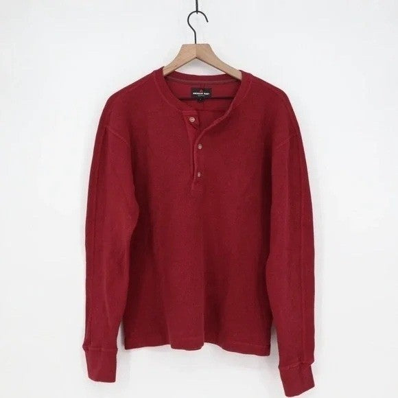 American Giant French Rib T-Shirt Mens S Red Henley Neck Long Sleeve Pullover