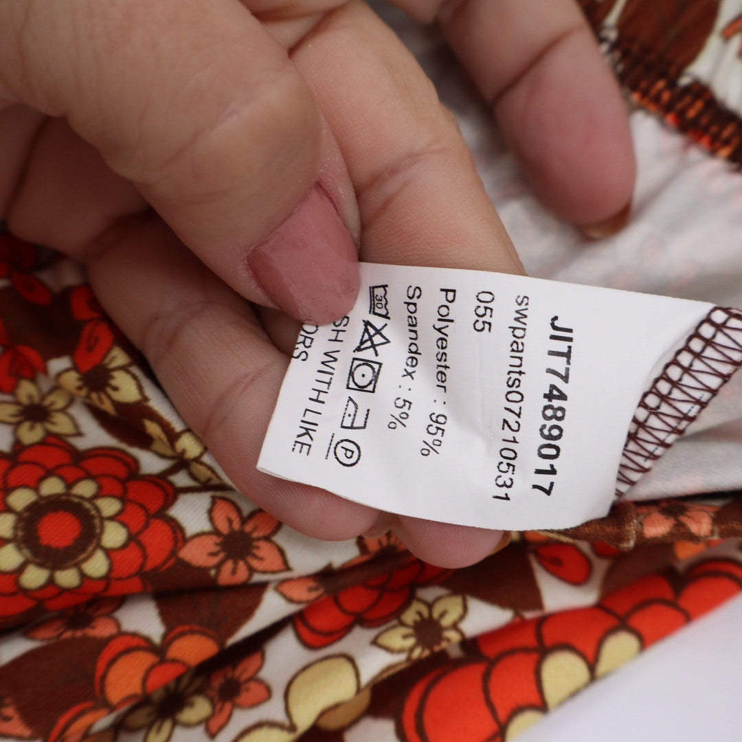 SHEIN Womens Retro Floral Flare Pants Orange Brown 70s Style Size M