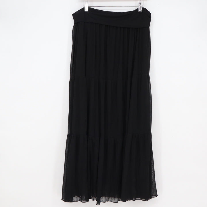 AB Studio Womens Black Tiered Mesh Maxi Skirt Fold Over Waist Size L