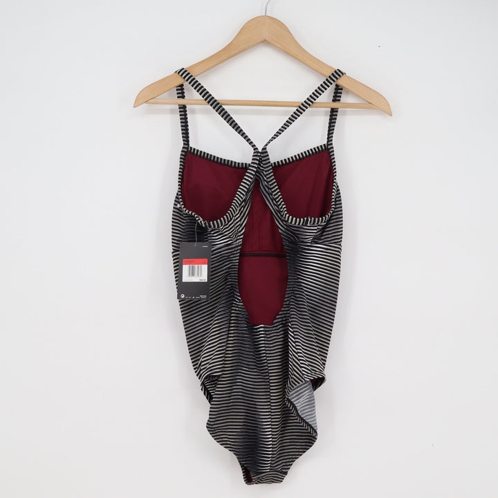 Nike Womens One Piece Swimsuit Black Grey Striped Racerback NWT L