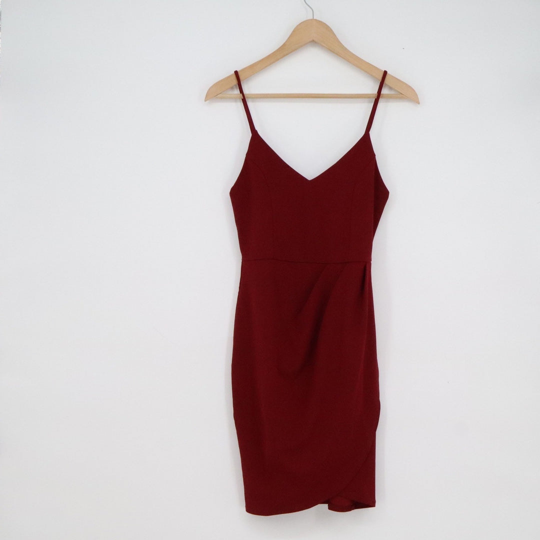 Lulus Burgundy Wine V-Neck Bodycon Wrap Tulip Skirt Cocktail Dress Medium NEW