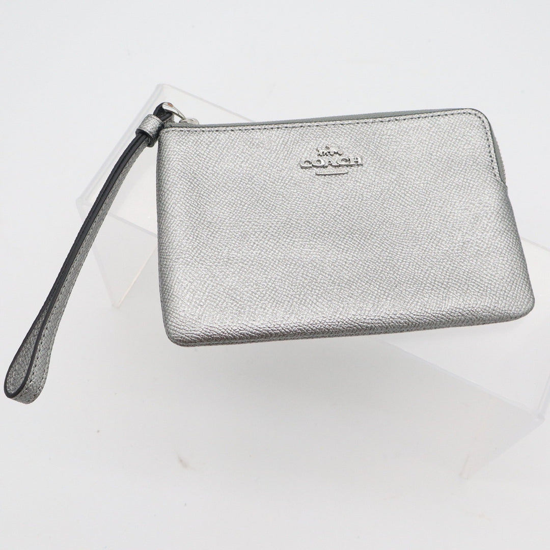 Coach Small Wristlet Metallic Silver Crossgrain Leather Zip Pouch