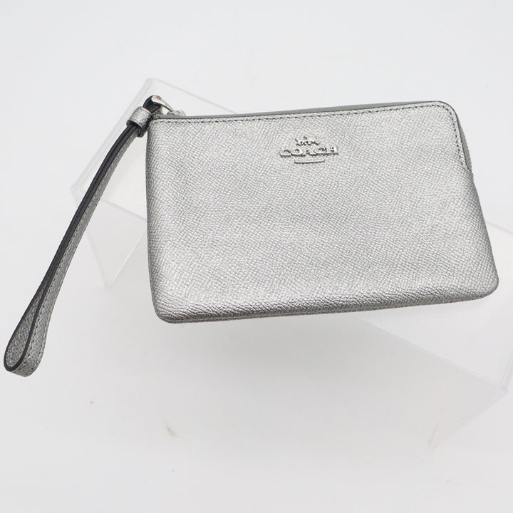 Coach Small Wristlet Metallic Silver Crossgrain Leather Zip Pouch