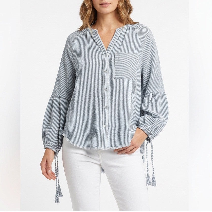 Aerie Daybreak Cover Up Shirt Women XS Blue White Striped Frayed Hem Puff Sleeve