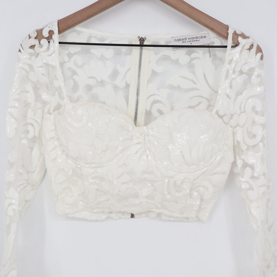 Naked Wardrobe The Statement White Sequin Lace Crop Top Small Long Sleeve
