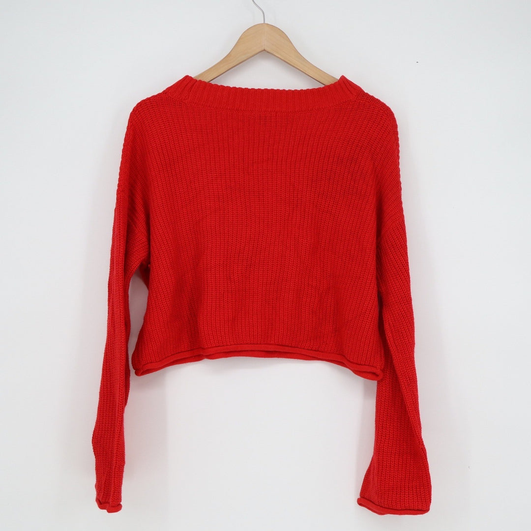 Wild Fable Womens Red Cropped Shaker Knit Crew Neck Sweater Size L
