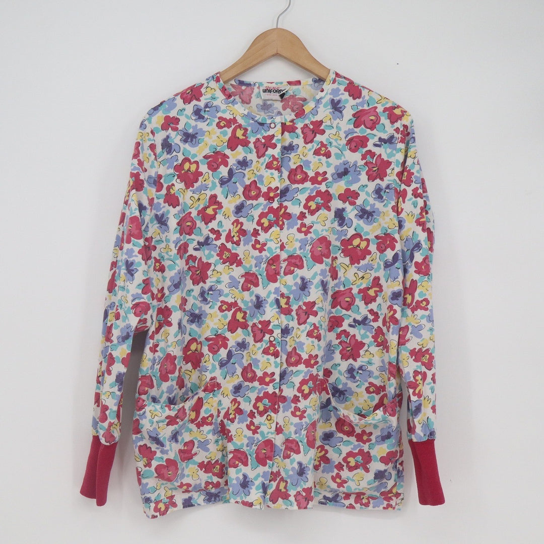 Vintage Jasco Uniform Co Floral Scrub Jacket Pink Blue Snap Front Medium USA