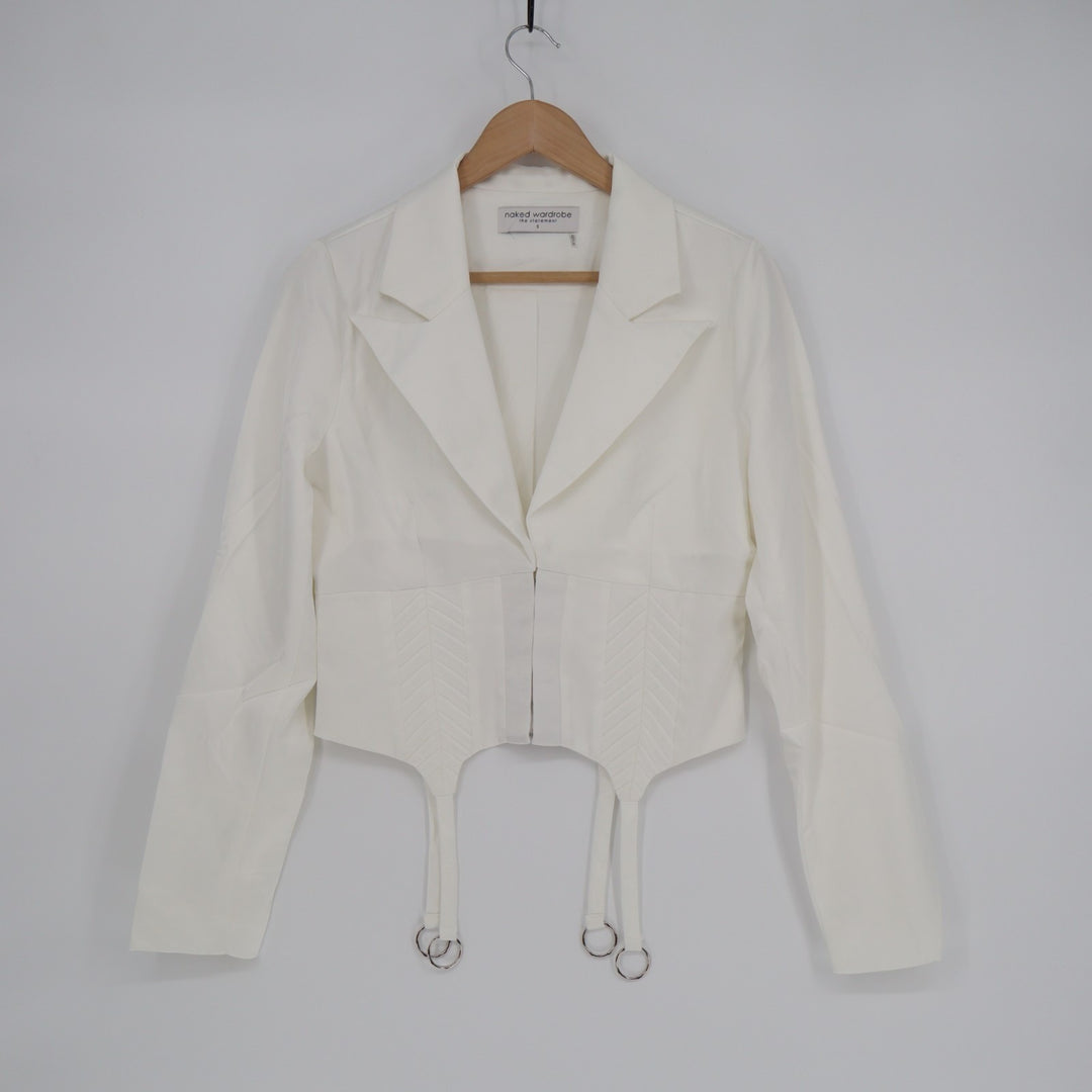 Naked Wardrobe The Statement Corset Crop Blazer Womens Small White Long Sleeve
