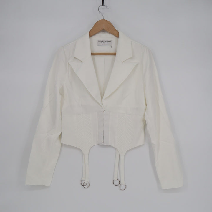 Naked Wardrobe The Statement Corset Crop Blazer Womens Small White Long Sleeve