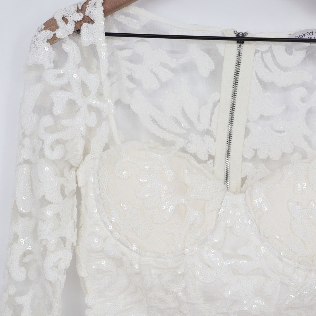 Naked Wardrobe White Sequin Floral Lace Crop Top Long Sleeve Small