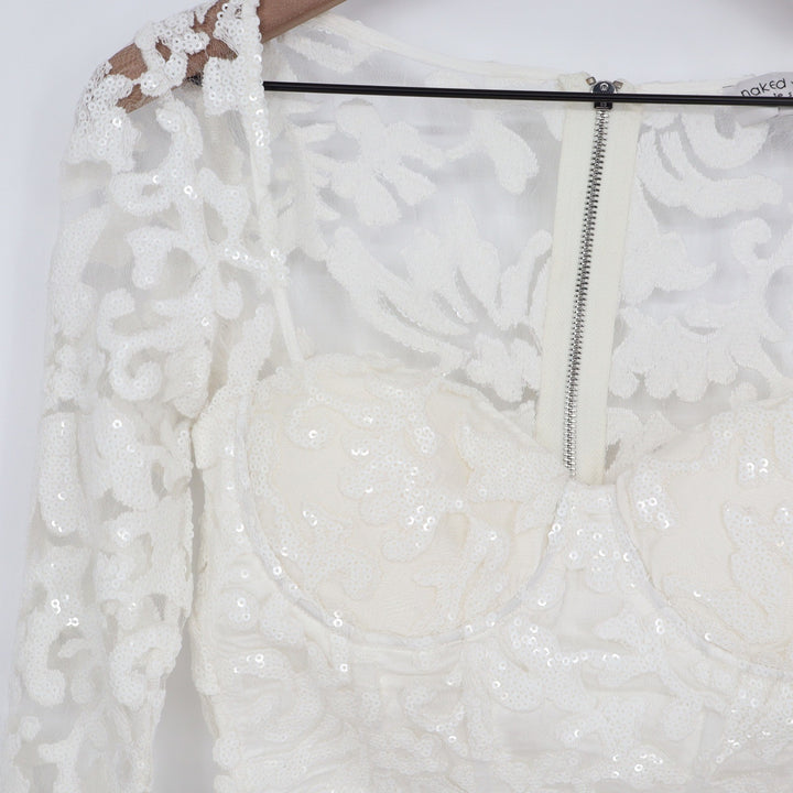 Naked Wardrobe White Sequin Floral Lace Crop Top Long Sleeve Small