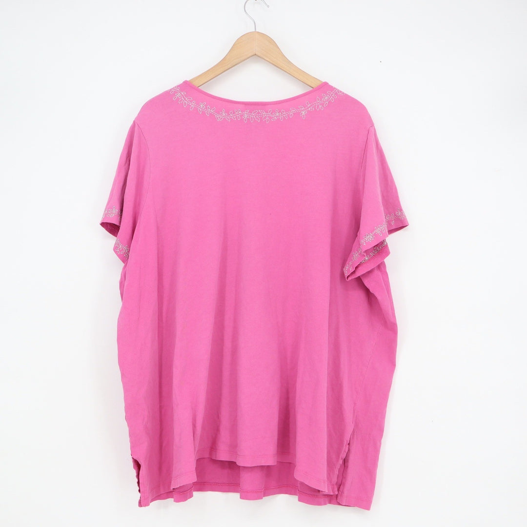 Avenue Pink Embellished Henley Tee Cotton Short Sleeve Plus Size 30/32