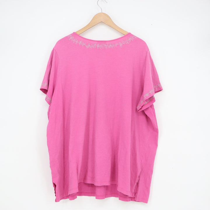 Avenue Pink Embellished Henley Tee Cotton Short Sleeve Plus Size 30/32