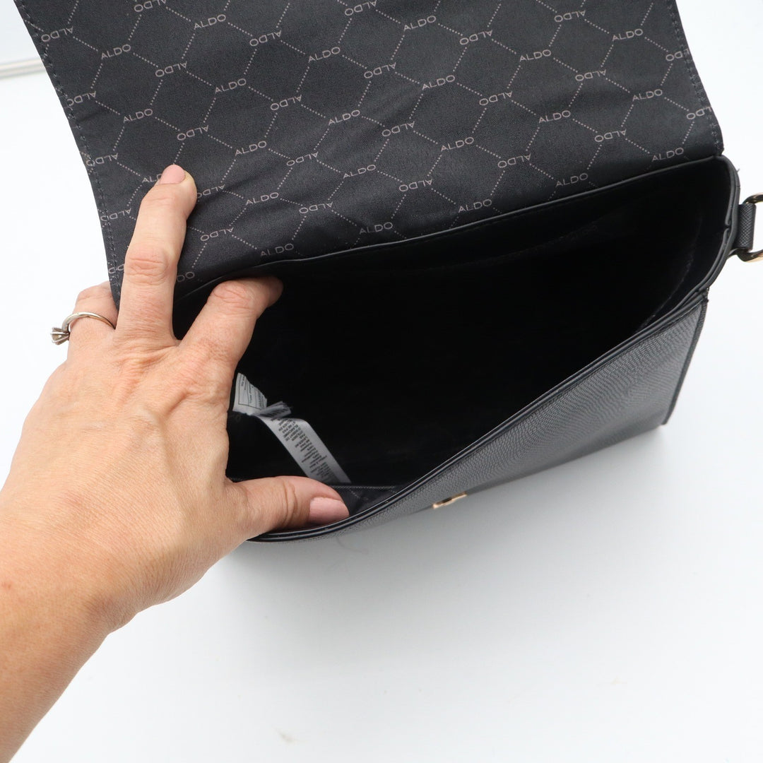 Aldo Black Croc Lizard Embossed Top Handle Satchel Bag Gold Padlock Detail