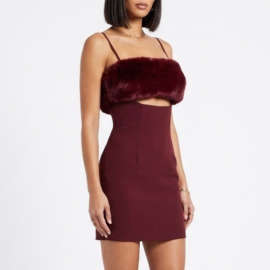 Naked Wardrobe Maroon Faux Fur Trim Cutout Back Mini Dress Size L