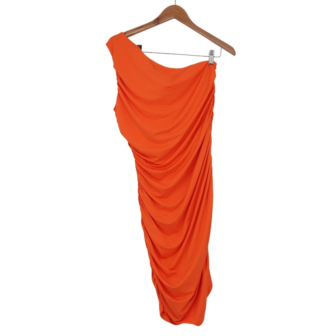PRETTYGARDEN Orange One Shoulder Ruched Midi Dress Size L