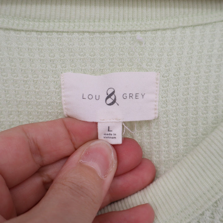 Lou & Grey T-Shirt Women Large Lime Green Stretch Waffle Knit V-Neck Long Sleeve