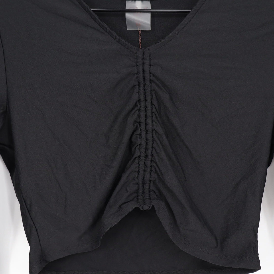 Calia Womens LS Ruched Rashguard Pure Black UPF 50+ Cropped Swim Top M