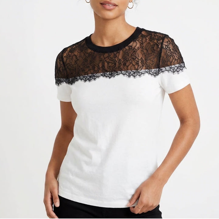 Laundry by Shelli Segal XS Cream Black Lace Yoke Short Sleeve Top L1KS2004