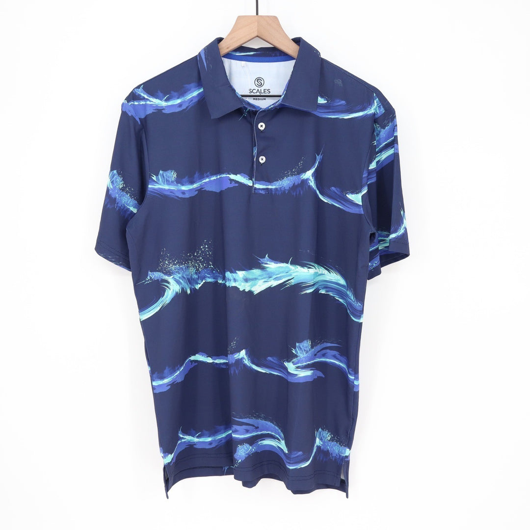 Scales Gear Marlin Strike Polo Shirt Mens Medium Navy Blue Wave Graphic
