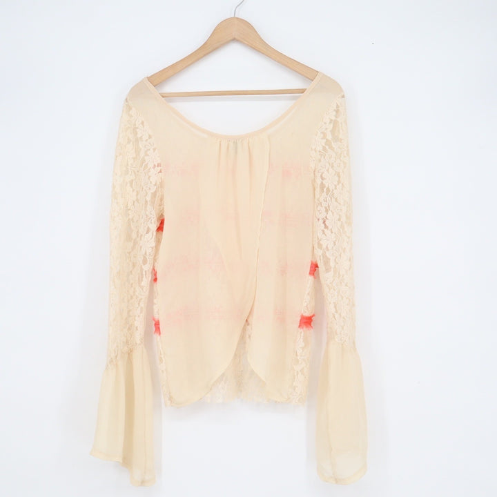 Gimmicks by BKE Cream Floral Lace Coral Ruffle Bell Sleeve Split Back Top L