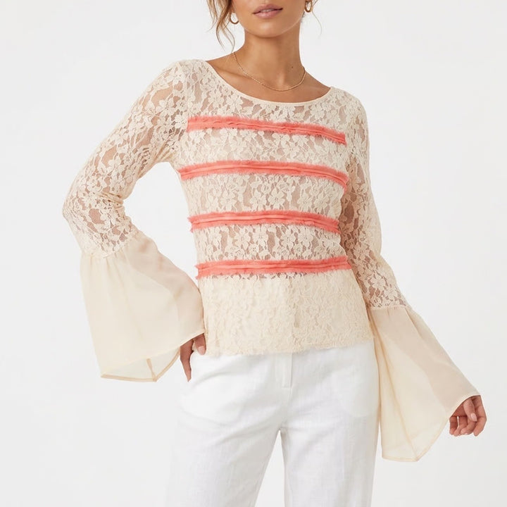 Gimmicks by BKE Cream Floral Lace Coral Ruffle Bell Sleeve Split Back Top L