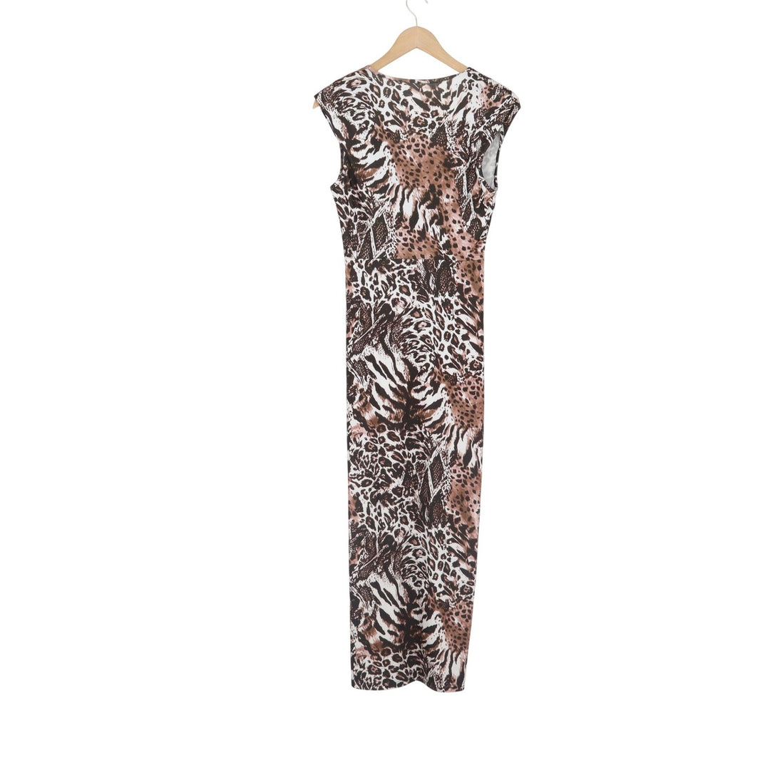 Right Tec Womens Animal Print Maxi Dress Brown Leopard Snakeskin V-Neck Small