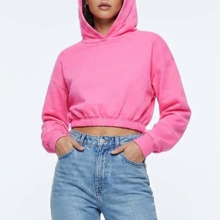 Naked Wardrobe Womens Neon Pink Cropped Hoodie Sweatshirt Size L