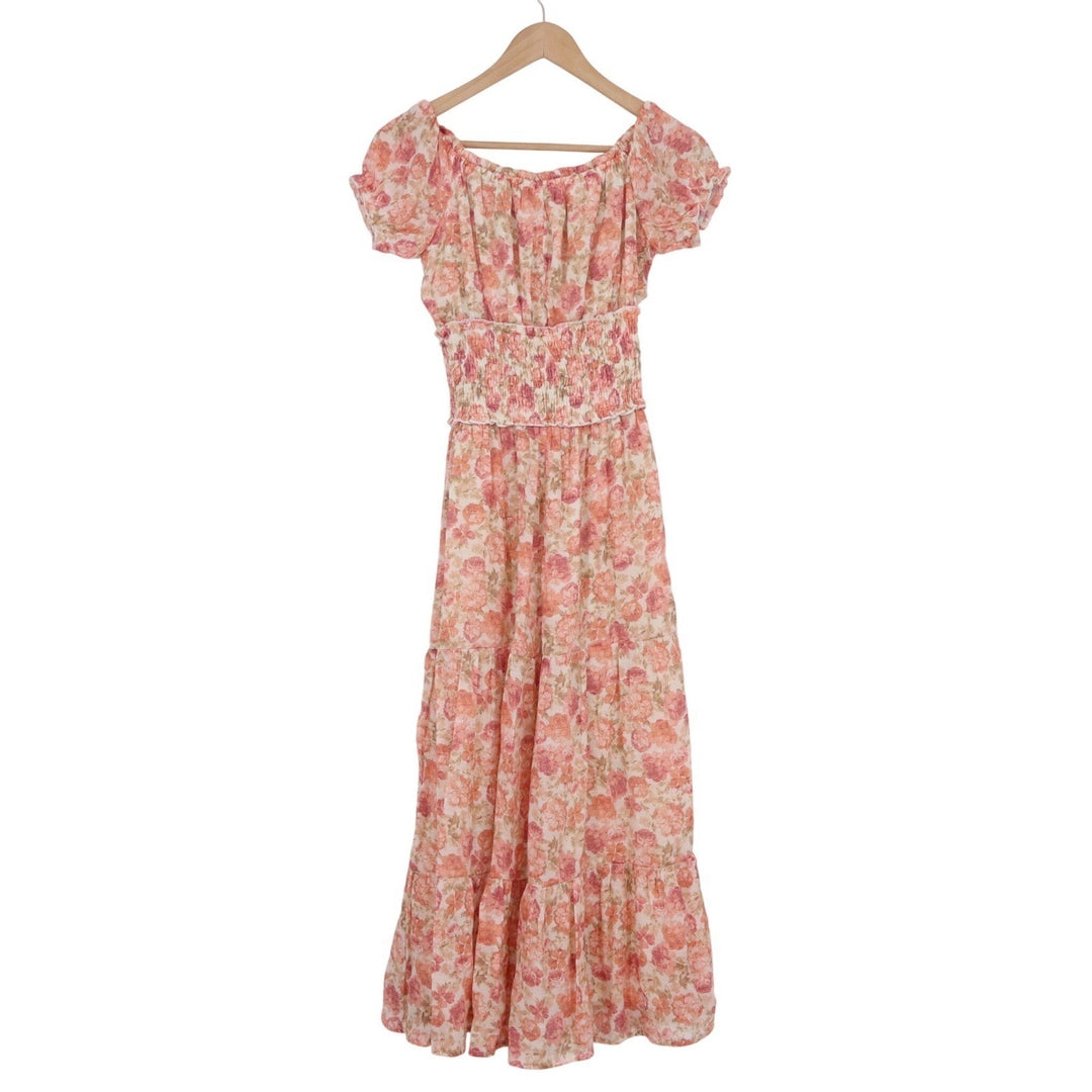 Trixxi Floral Maxi Dress Small Pink Peach Smocked Tiered Puff Sleeve