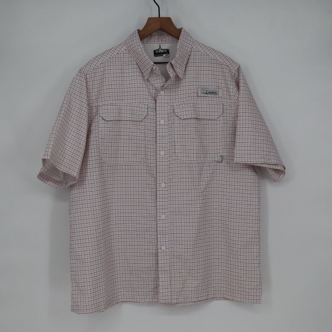 Habit Mens Short Sleeve Plaid Fishing Shirt L G Solar-Factor White Orange Navy