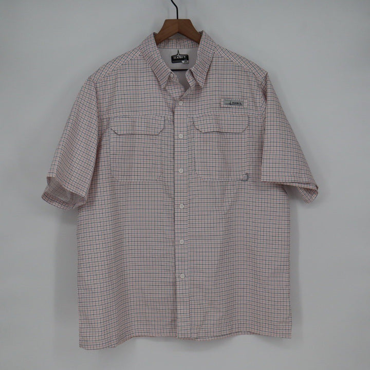 Habit Mens Short Sleeve Plaid Fishing Shirt L G Solar-Factor White Orange Navy