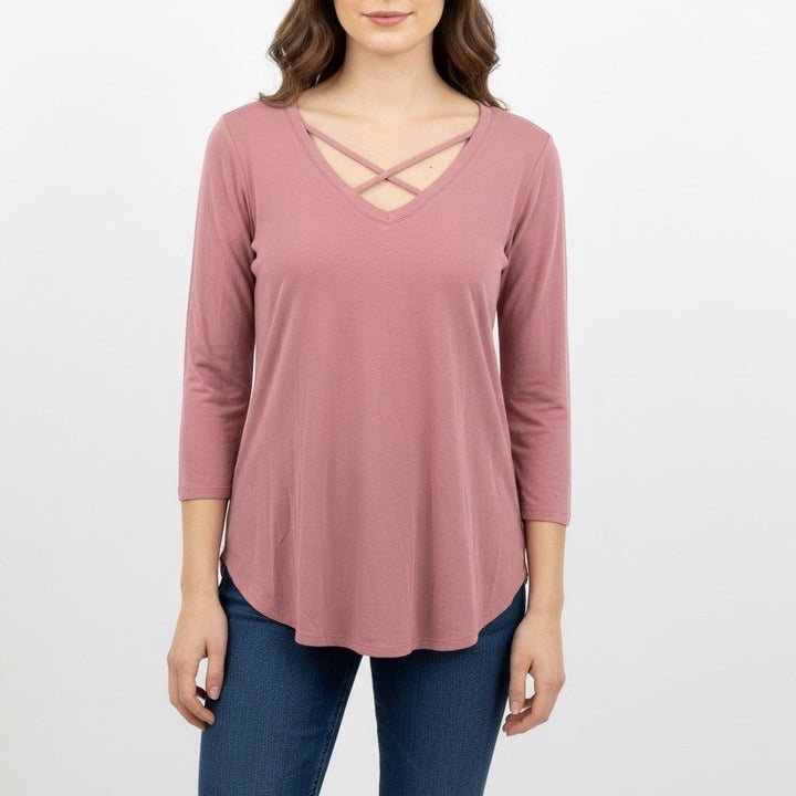 Soho New York & Company Jeans Pink Criss Cross Neck Soft Tee Shirt Size S