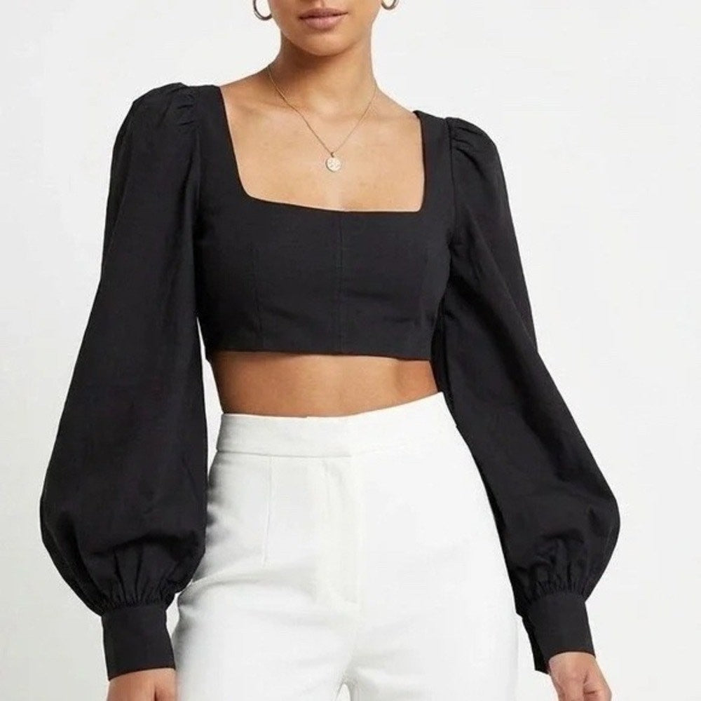 Naked Wardrobe The Statement Black Puff Sleeve Crop Top Size M Neck Zip Back