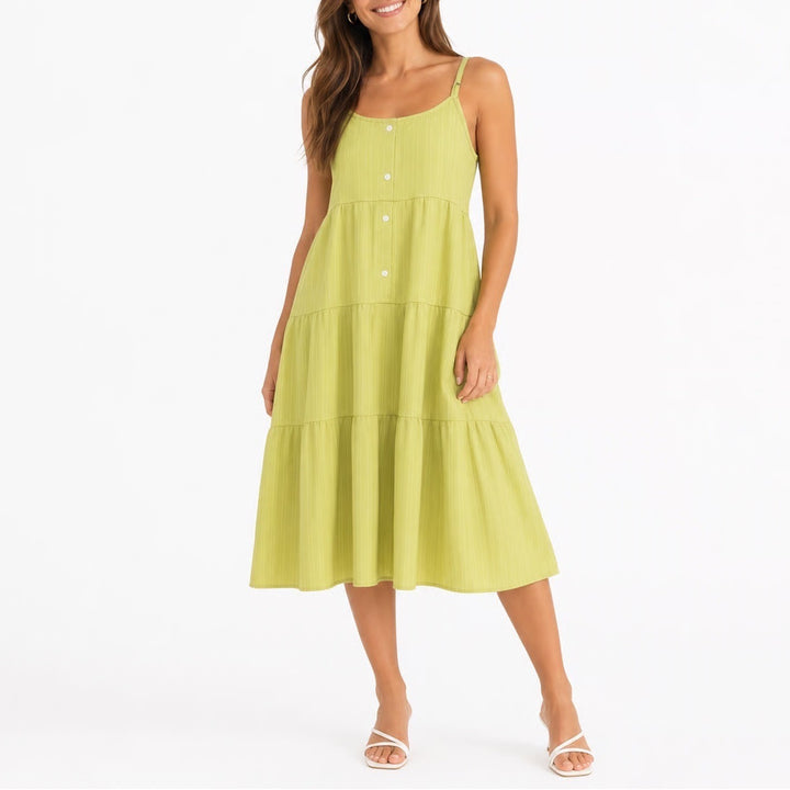 Lime Green Tiered Mini Sundress Adjustable Straps Striped Button Front Large