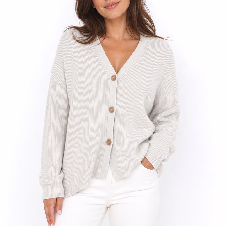 Tahari Womens Ribbed Knit V-Neck Button Front Cardigan Sweater Light Gray
