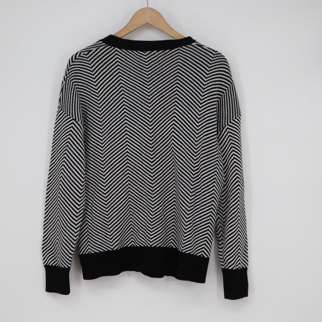Dokotoo Womens Black White Chevron Zig Zag Cotton Button Front Cardigan Size L