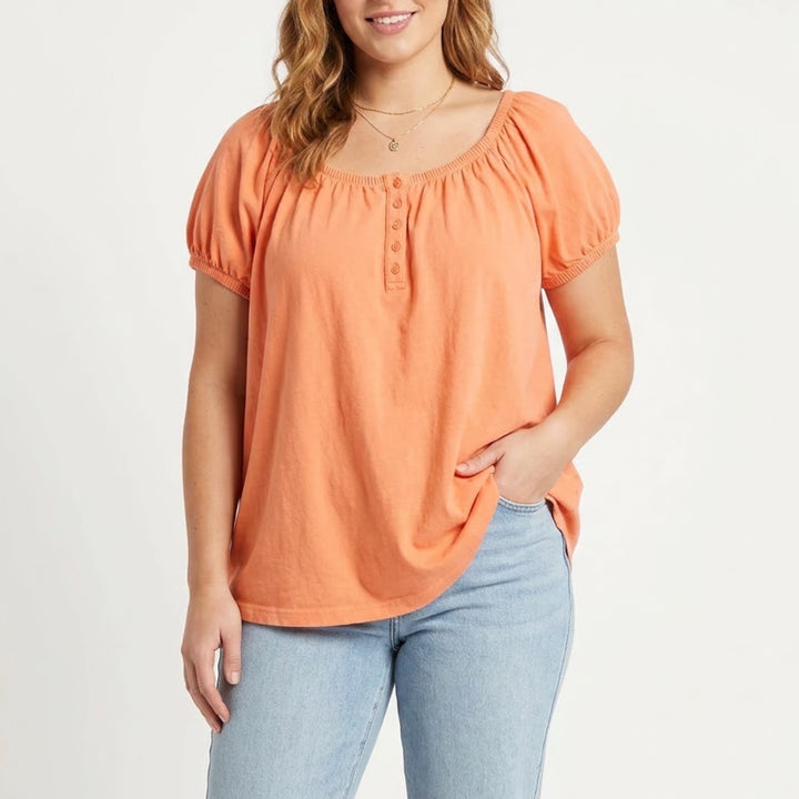 Mainstreet Blues Womens 1X Orange Cotton Short Sleeve Peasant Henley Top