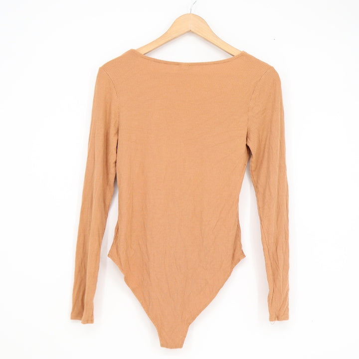 Selfie Womens Long Sleeve Ribbed Square Neck Bodysuit Camel Tan Size L