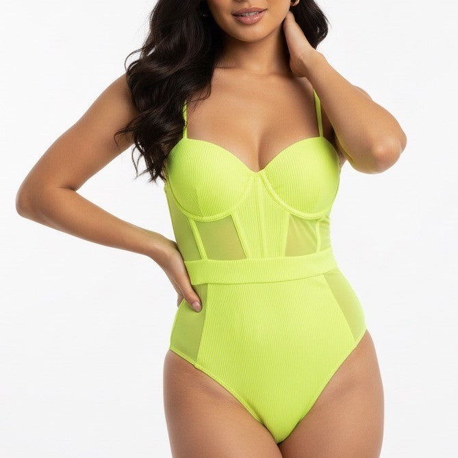 One Piece Womens Medium Lime Green Ribbed Padded Push Up Underwired Swimwear