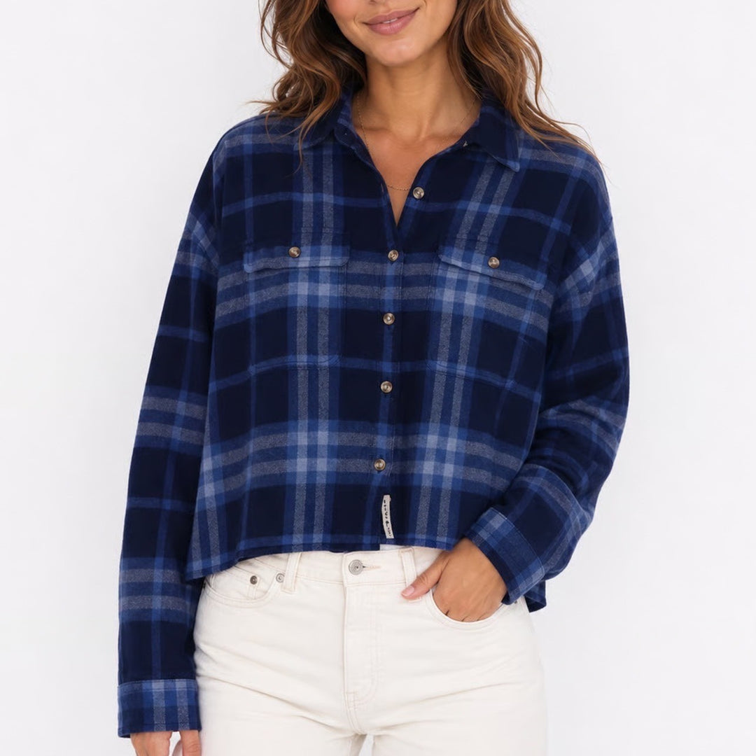 Lucky Brand Womens Navy Blue Plaid Cotton Button Up Cropped Shirt Medium