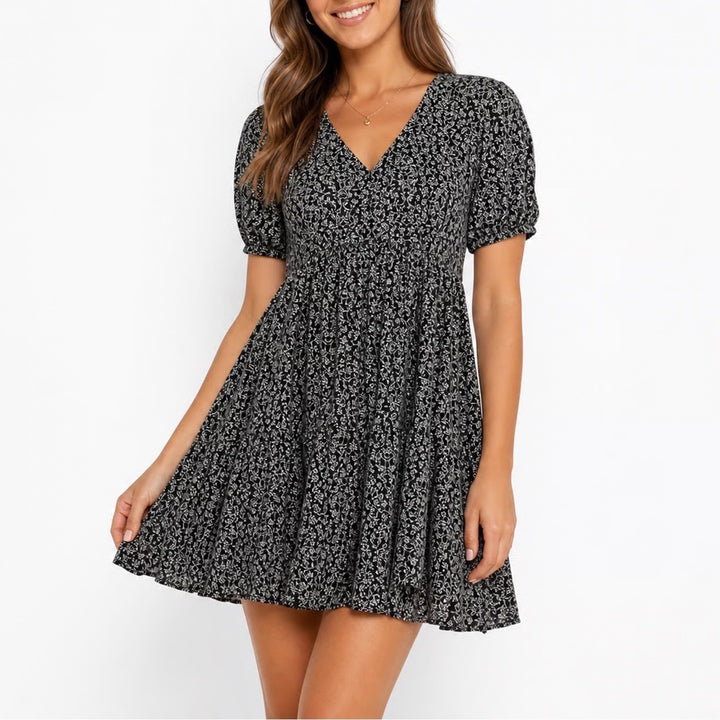 Universal Thread Black Floral V-Neck Tiered Mini Dress Short Puff Sleeve Large