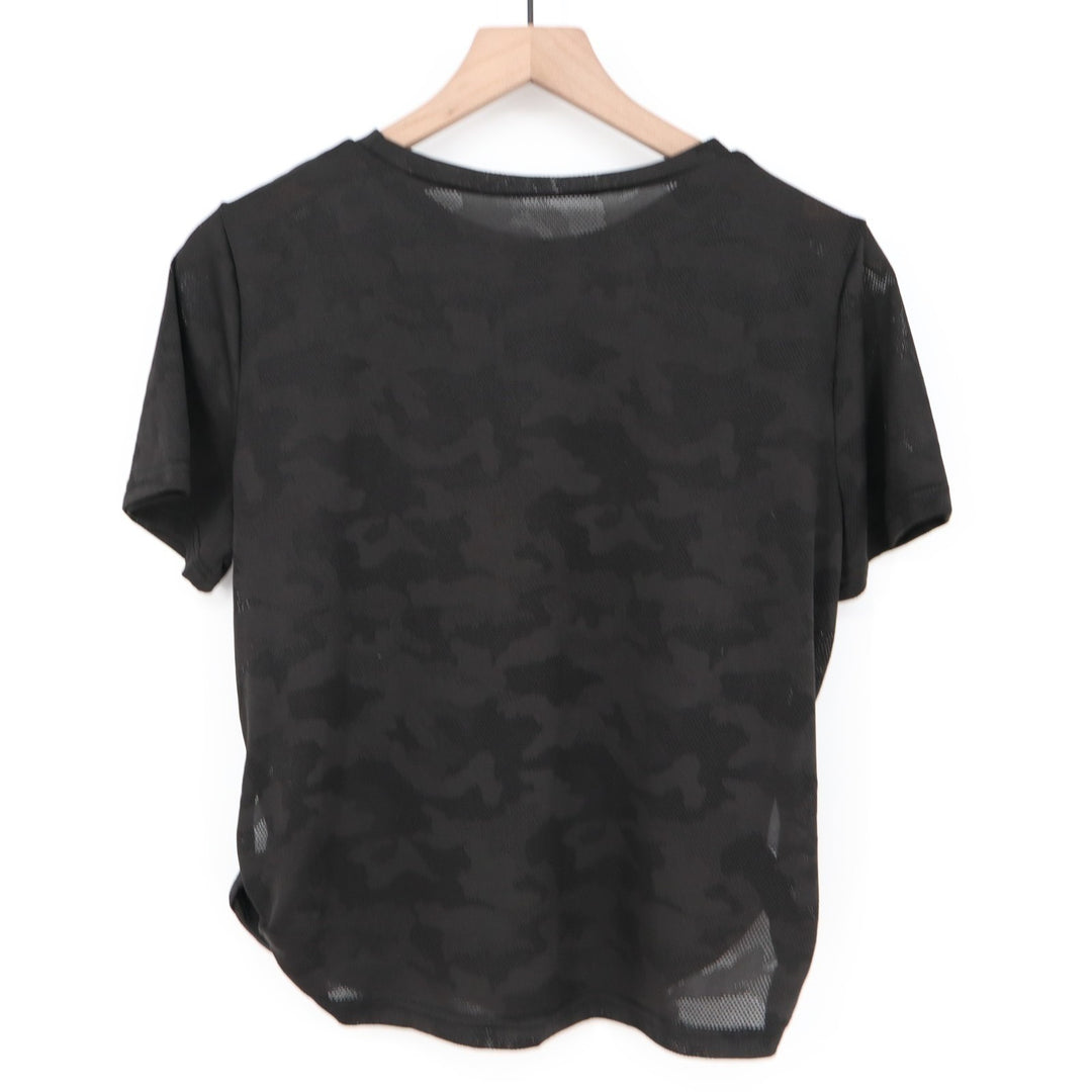 SheIn Easithlete T-Shirt Womens Large Black Camo Mesh Short Sleeve Crew Neck