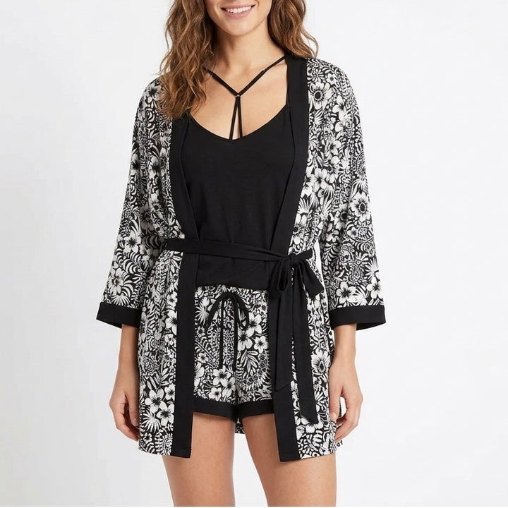 Linea Donatella 3-PC Pajamas Set Womens Large Black Floral Stretch Sleepwear