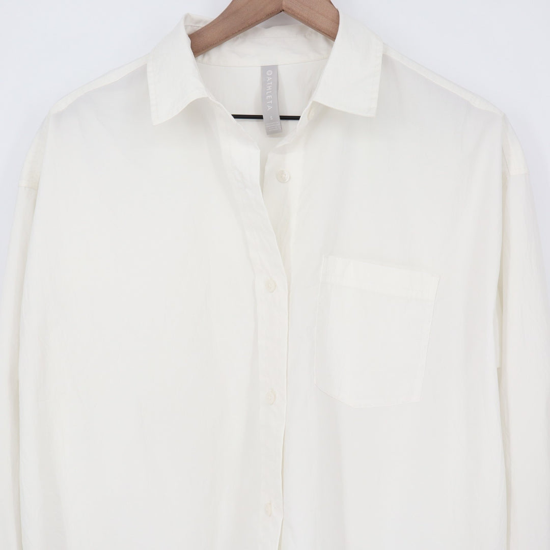 Athleta Shirt Womens Small White Long Sleeve Curved Hem Spread Collar Button Up