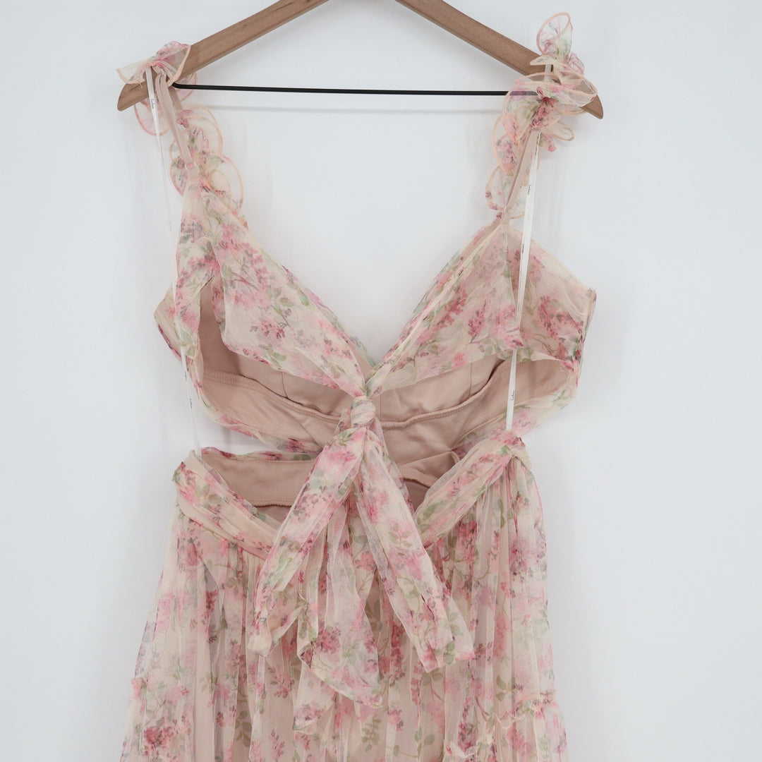 Lulus Pink Floral Tulle Cutout Tiered Maxi Dress MM21936L XL